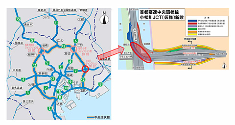 首都高 中央環状線と7号小松川線を結ぶ小松川jct 仮称 整備のための夜間通行止め予告 19年度開通予定 17年11月 18年2月に計8回実施 トラベル Watch