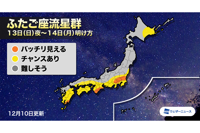 ウェザーニューズ ふたご座流星群 の見頃となる13日夜 14日明け方の全国の天気傾向を発表 九州から北陸の日本海側と北日本では観測が難しく 太平洋側では雲の隙間から観測チャンス トラベル Watch