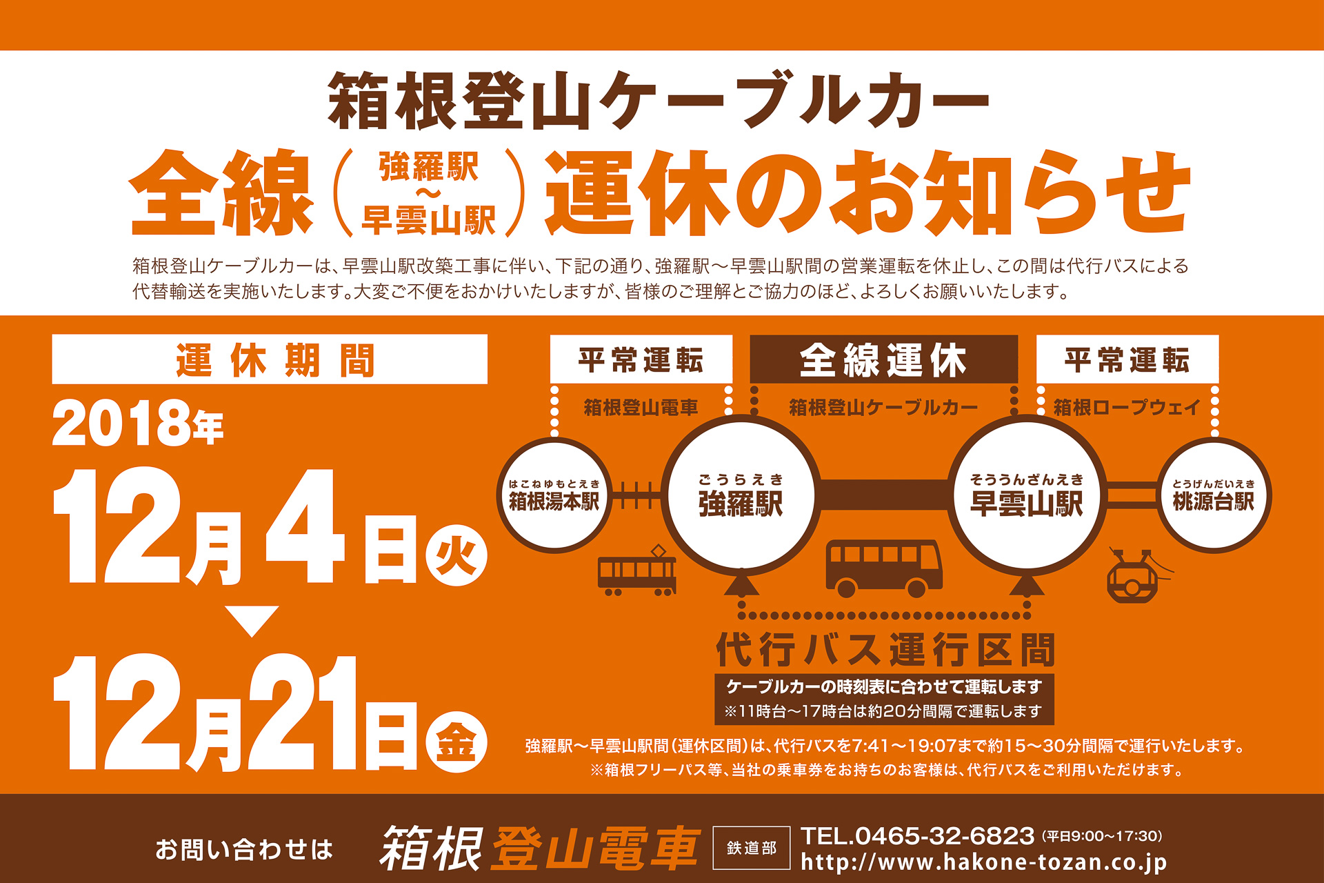 箱根登山鉄道、12月4日から18日間箱根登山ケーブルカー全線で運休