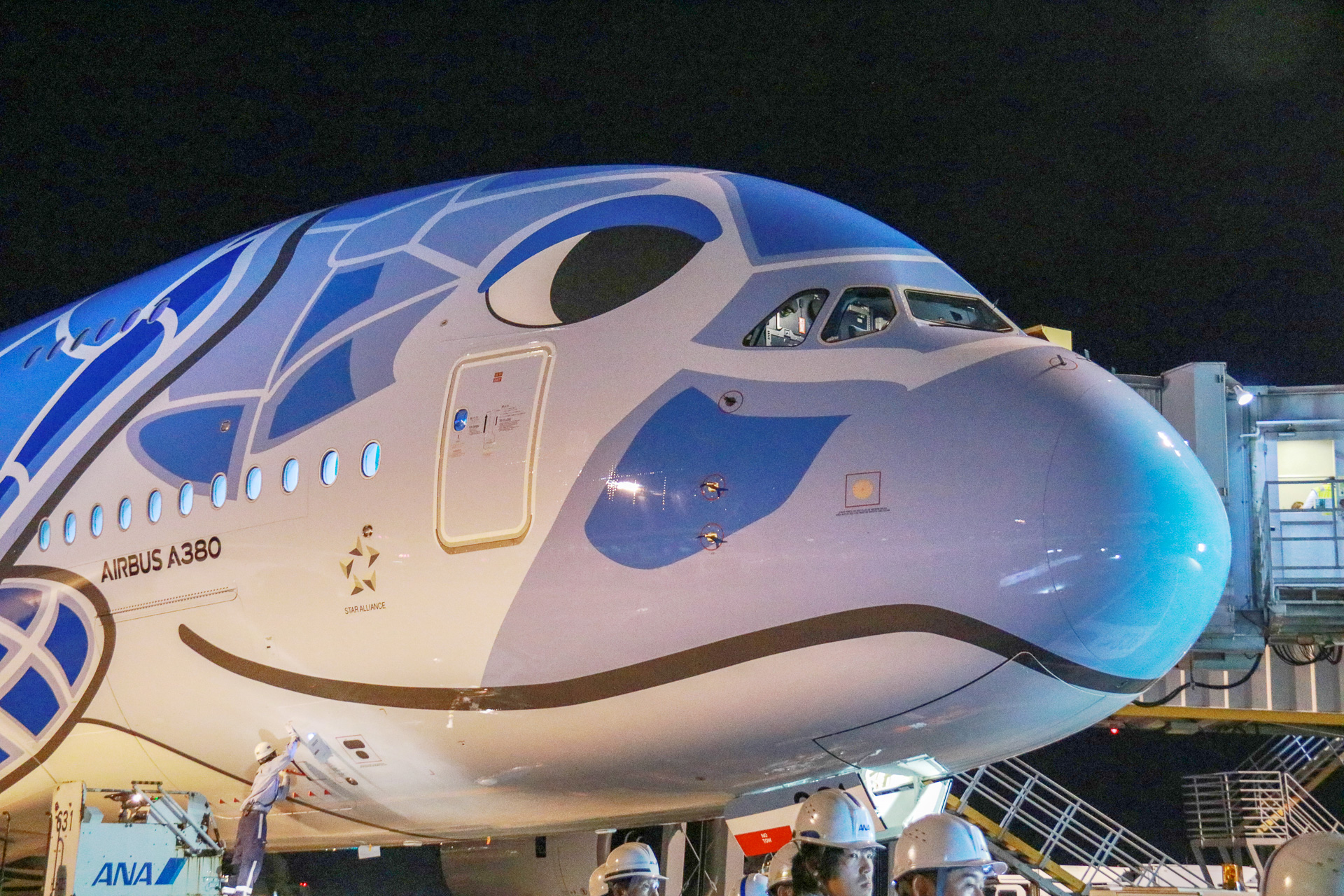 祝・就航！ ANAのエアバス A380「FLYING  HONU」が成田を出発。「大きな飛行機がホノルルに。これをきっかけに環境保護を進めたい」と平子社長 - トラベル Watch