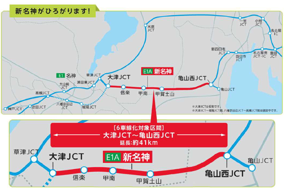 新名神 大津JCT（仮称）～亀山西JCT間で6車線化工事。5月から夜間車線