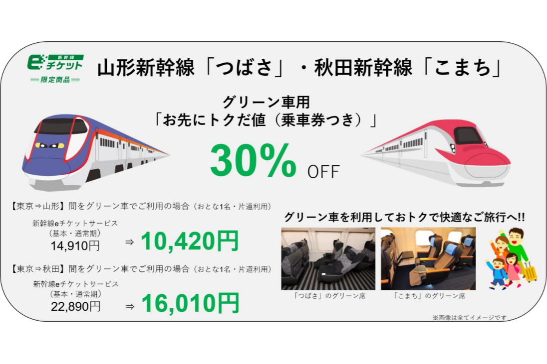 新幹線つばさ・こまちのグリーン車に「お先にトクだ値（乗車券つき）」設定。えきねっと早期申し込みで30％引き - トラベル Watch