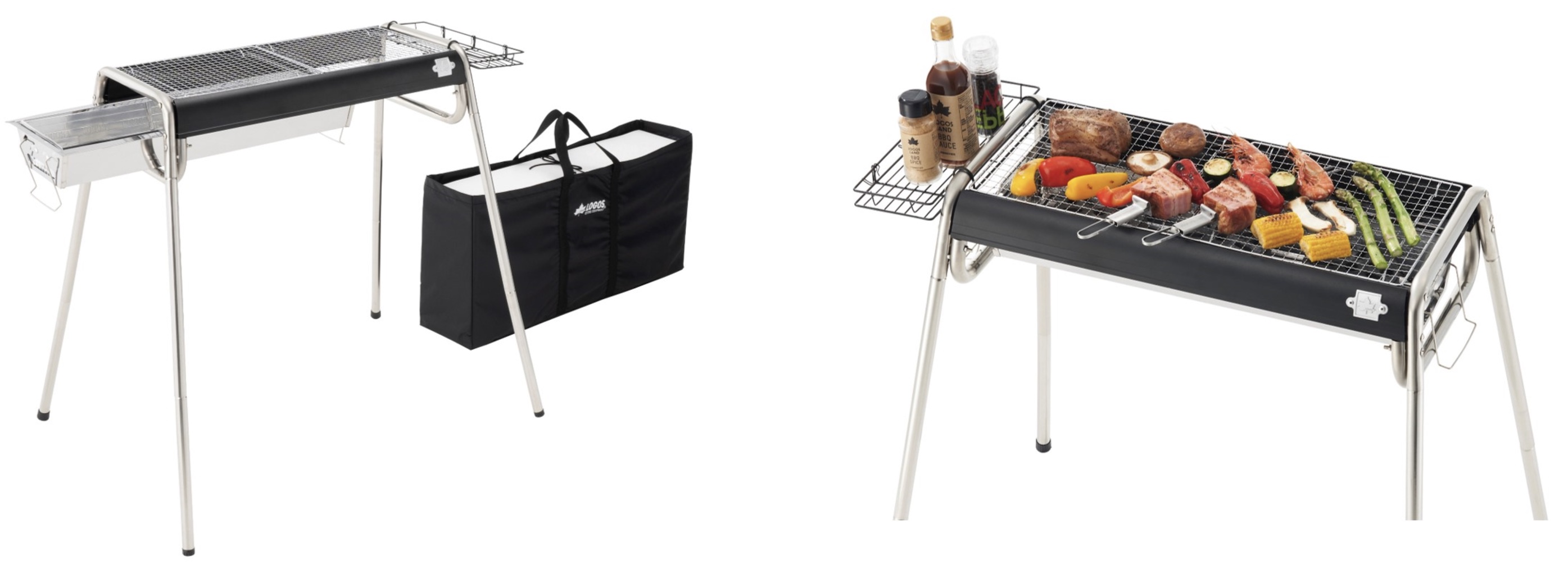 ロゴス、火床が外せるBBQグリル。サイドラックや保護カバーも付属