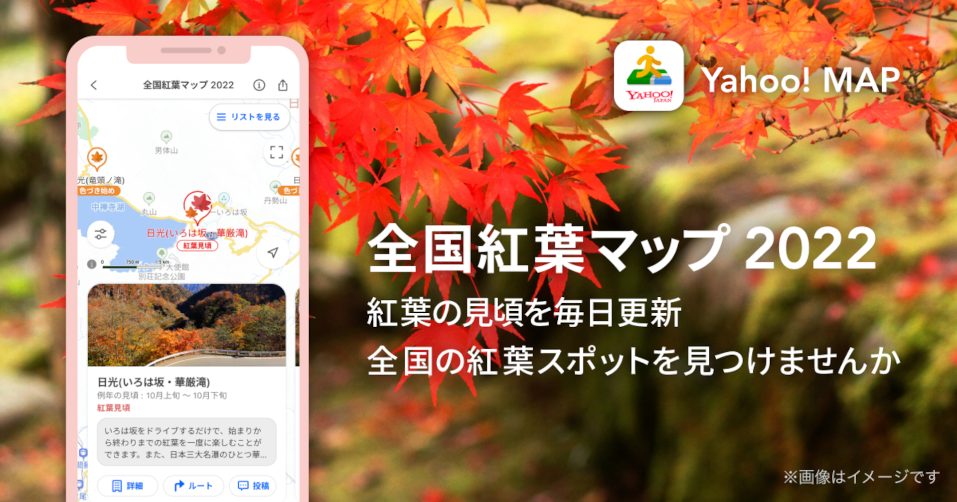 Yahoo! MAP「全国紅葉マップ 2022」。全国約740か所の紅葉スポットと