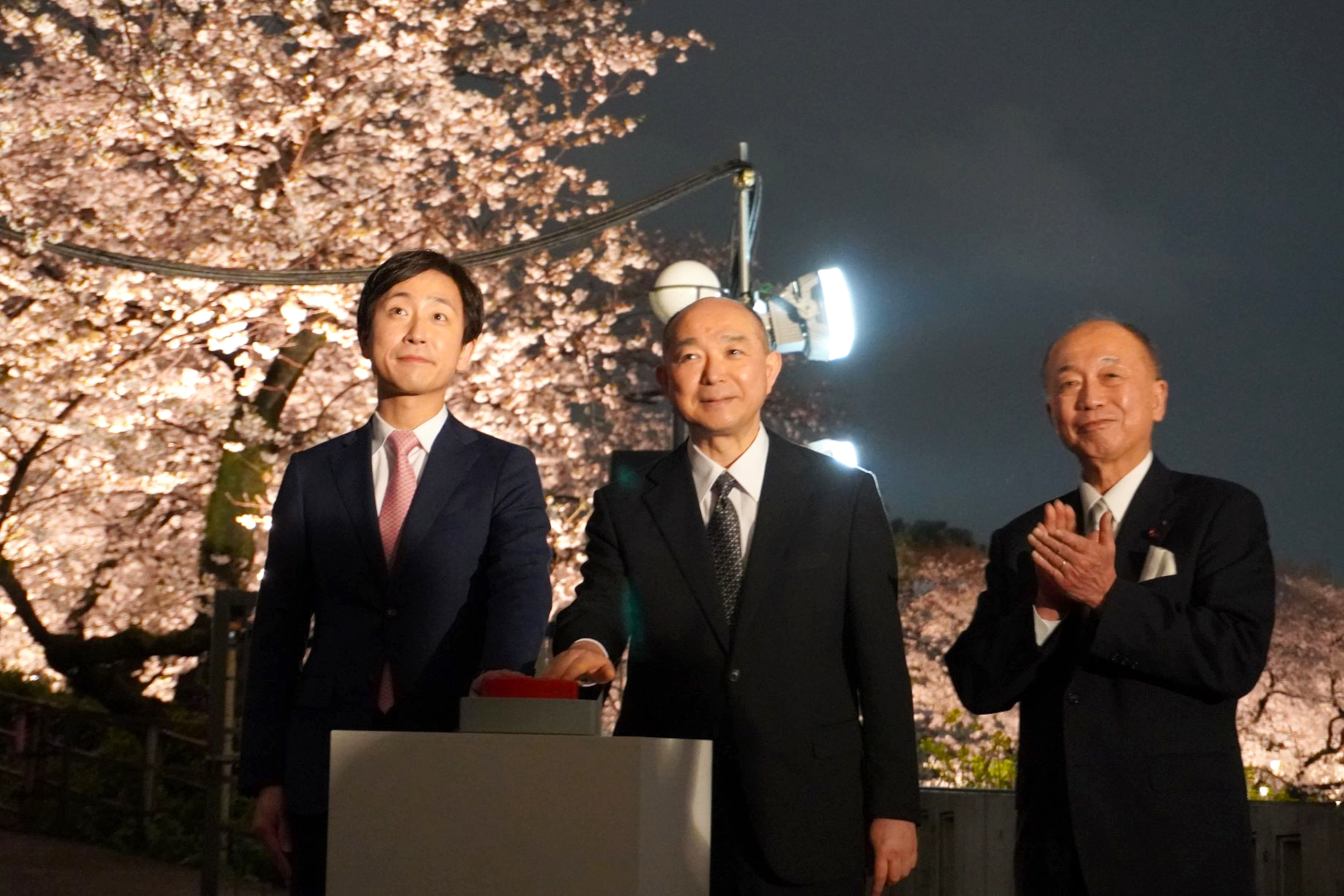 東京・千鳥ヶ淵の夜桜が幻想的にライトアップ。雨のなか、千代田区長ら
