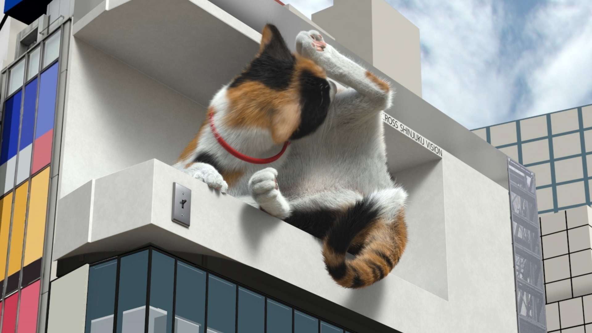 クロス新宿ビジョンの3D巨大猫、新作映像「毛づくろい編」放映 休業中