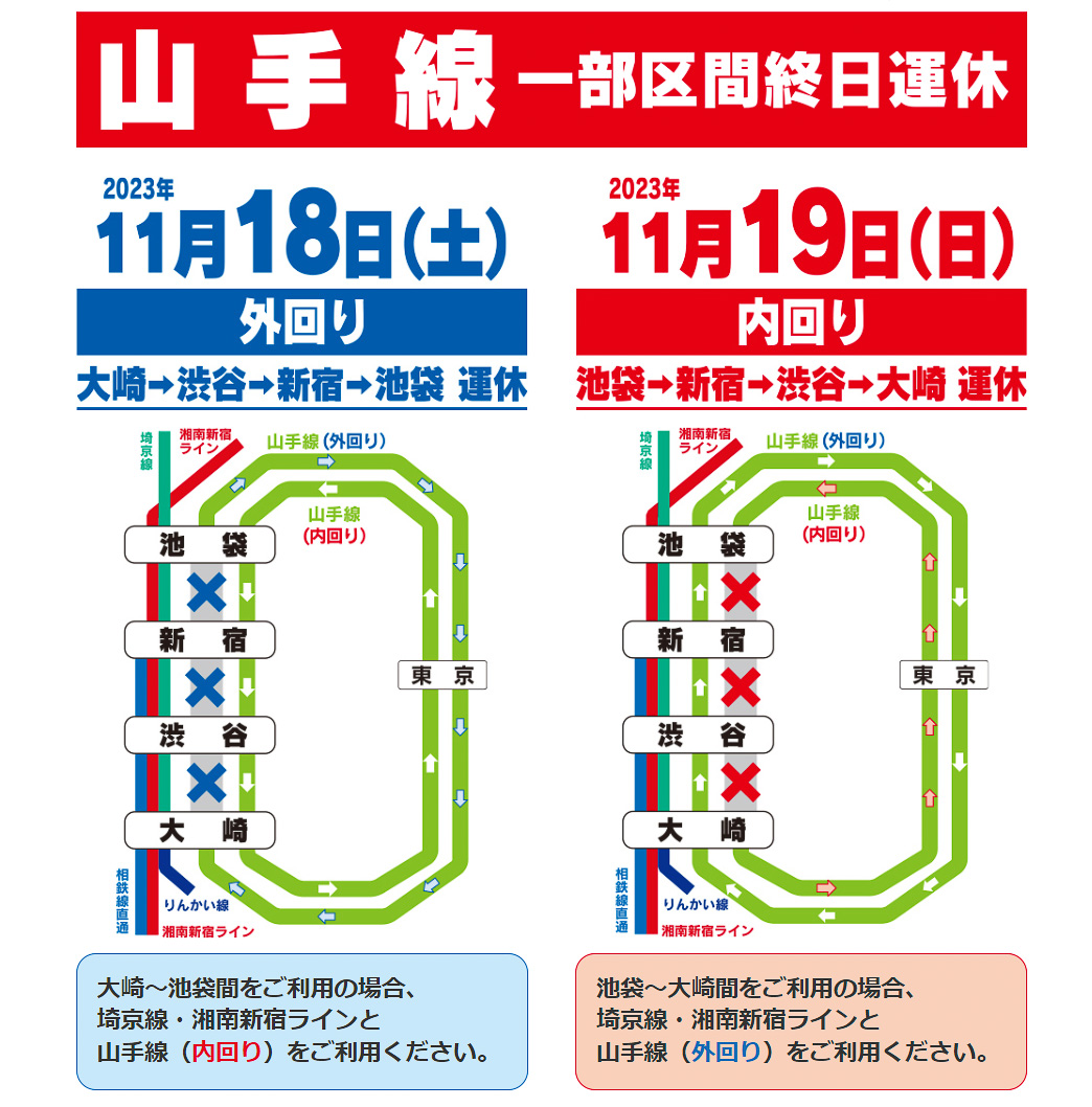 山手線、渋谷駅の工事で11月18日に外回り、19日に内回りに終日運休