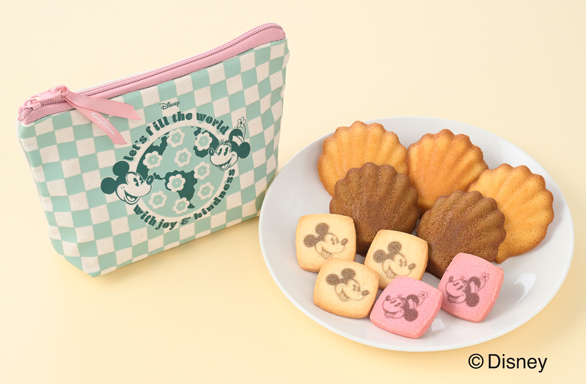 レア 新品・非売品 帝国ホテル グラス 2024 市松模様 コースター化粧ポーチ マドレーヌとクッキーでにっこり！ 「＜ディズニー＞ハピネスポーチ