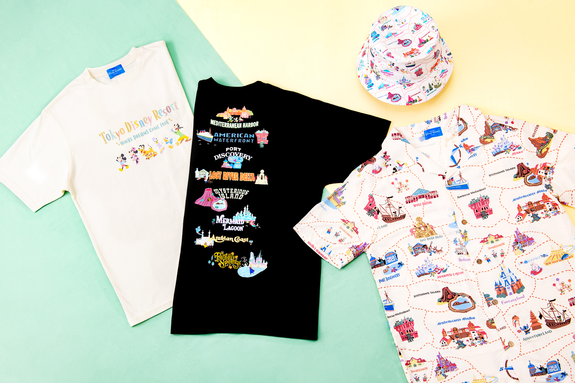 東京ディズニーリゾートのマップ＆アイコン柄アロハ・Tシャツ登場！ 夏