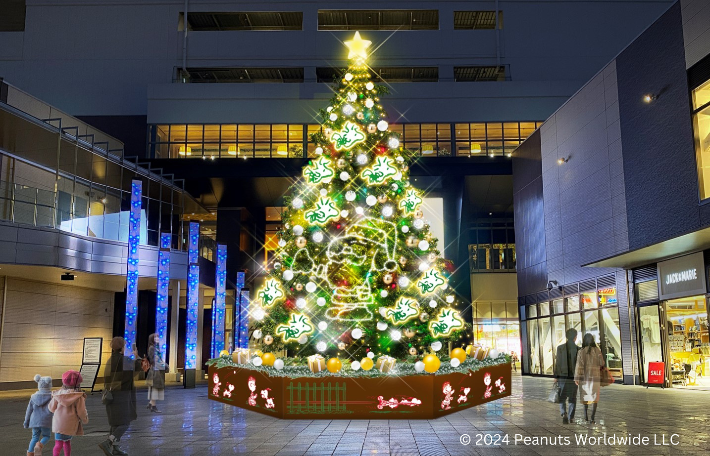 グランベリーパーク、約8mのクリスマスツリー登場。サンタスヌーピー/ウッドストックがお祝い！ On a Snowy Night「雪降る夜に」 -  トラベル Watch