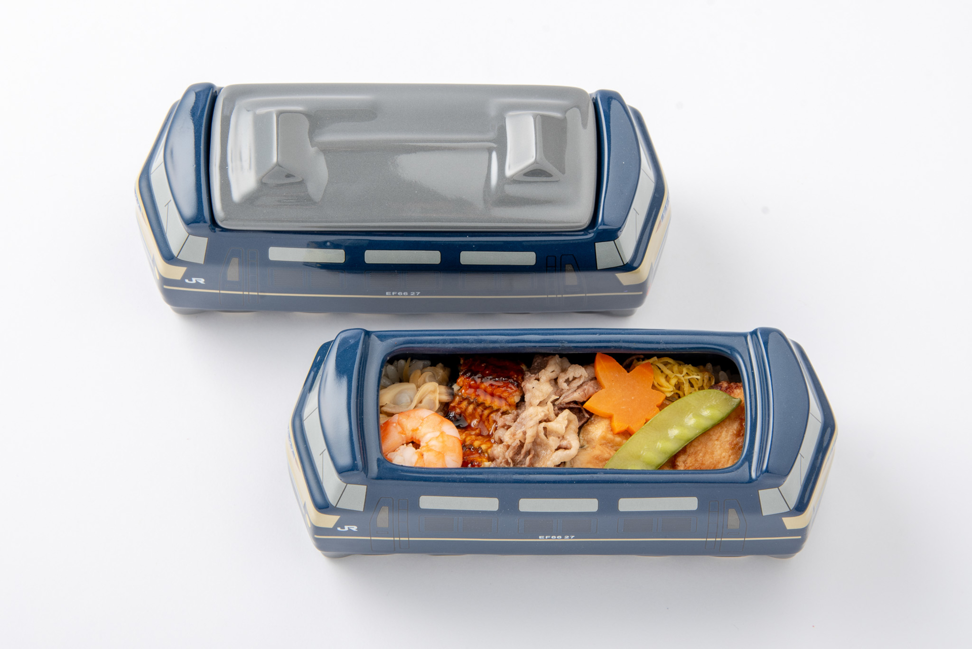 淡路屋「EF66 27弁当」。東海道線・山陽線沿線の名物を陶器製容器に