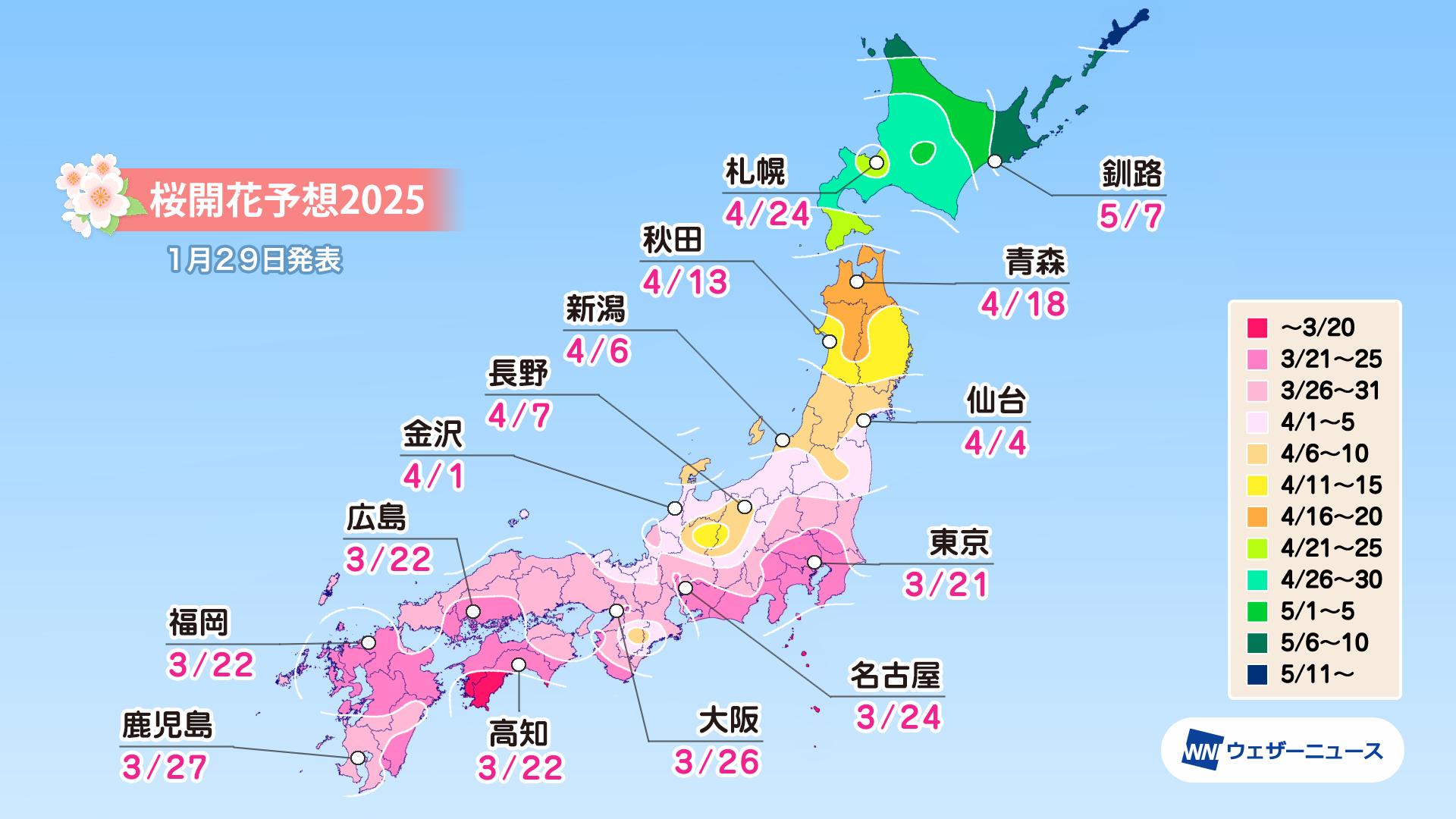 ウェザーニューズ、第二回桜開花予想。最速開花は東京3月21日。西