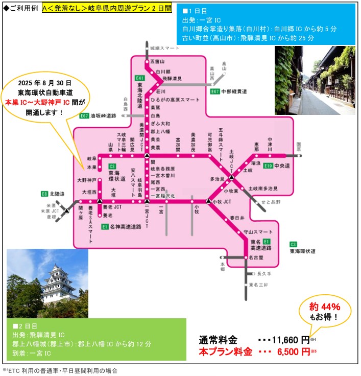 岐阜県内の高速道路乗り放題+観光クーポン「ぎふ旅コイン付ドライブ