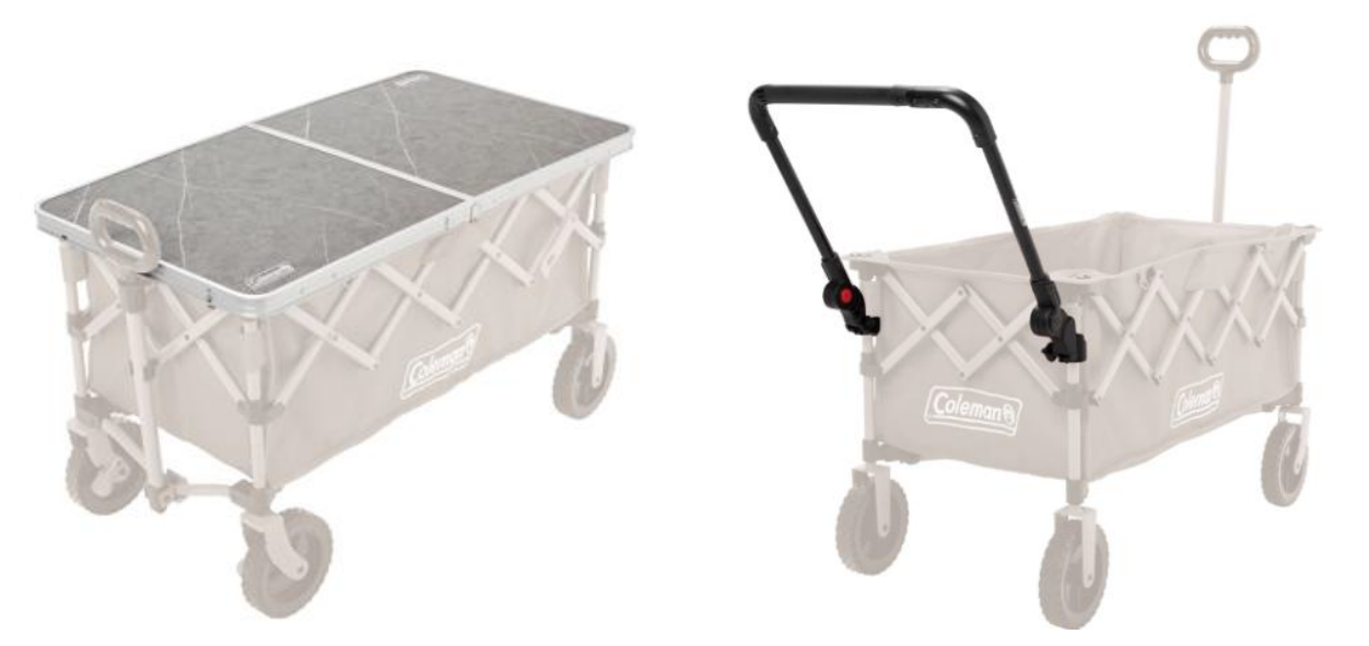 コールマン、アウトドアワゴンに装着するテーブルとプッシュハンドル