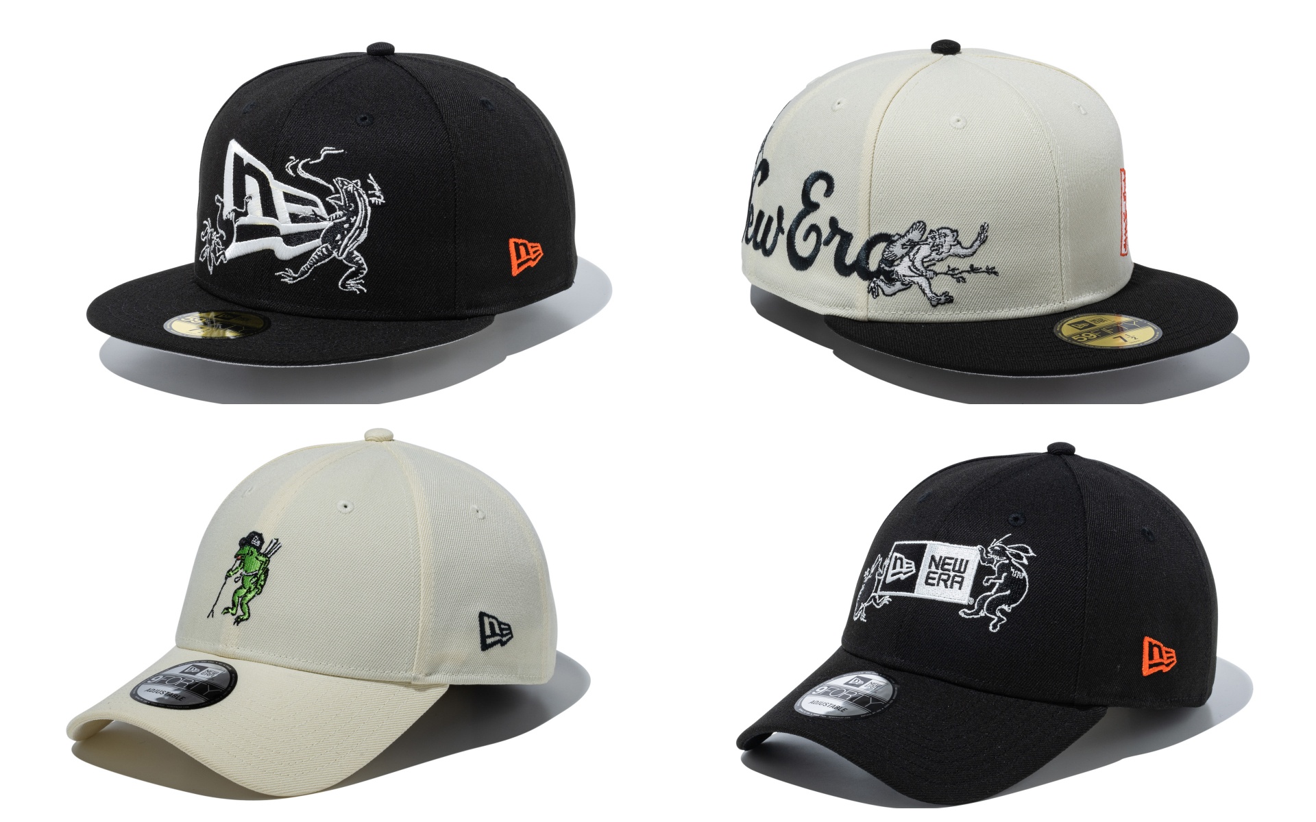 ニューエラ×鳥獣戯画、キャップ6種などのコレクション。甲巻の兎・猿