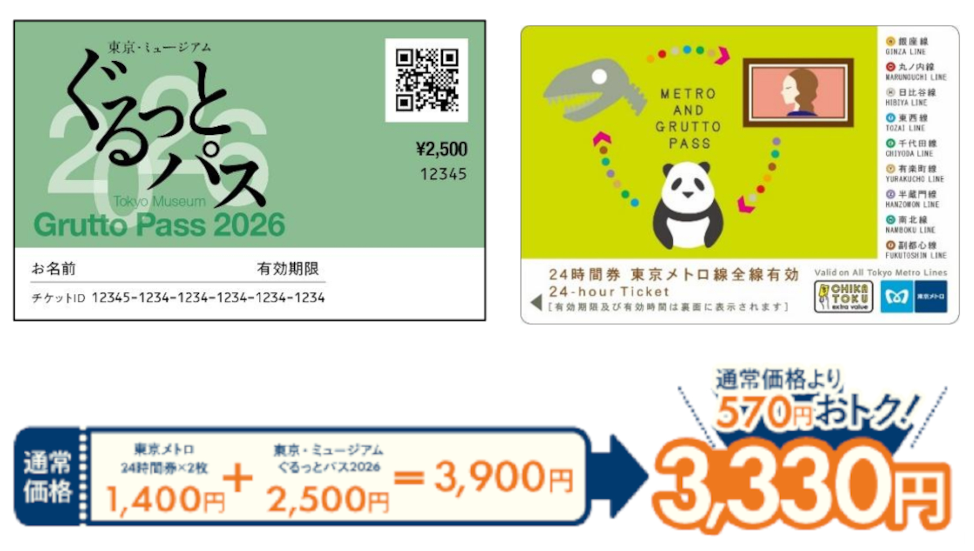 メトロンズチケット 東京メトロ、通常より570円お得「メトロ＆ぐるっとパス」。24時間券2枚