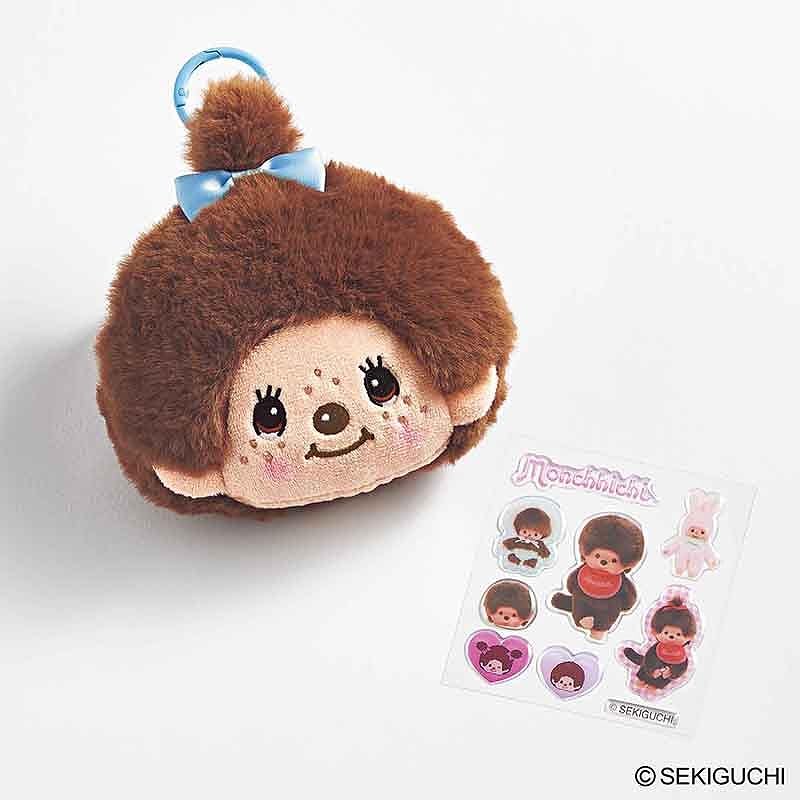 水色リボンの「モンチッチちゃん」ポーチチャーム＆ぷっくりシールが